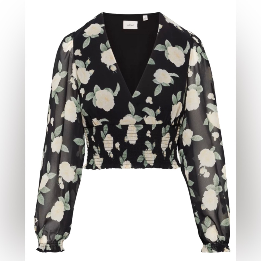 Aritzia Wilfred Genoa Blouse Black Floral Cropped V-Neck Top